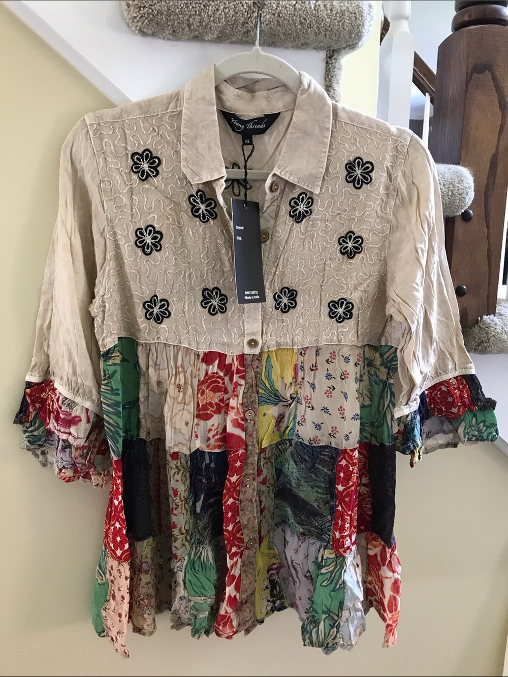 YOUNG THREADS NWT DRESS TOP Cream Patterned Embroidered Size Xlarge 18-19 ptp